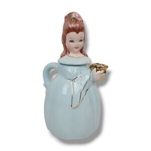 Vintage Figural Teapot Victorian Lady Hand Painted Pastel Baby Blue Gold Rose